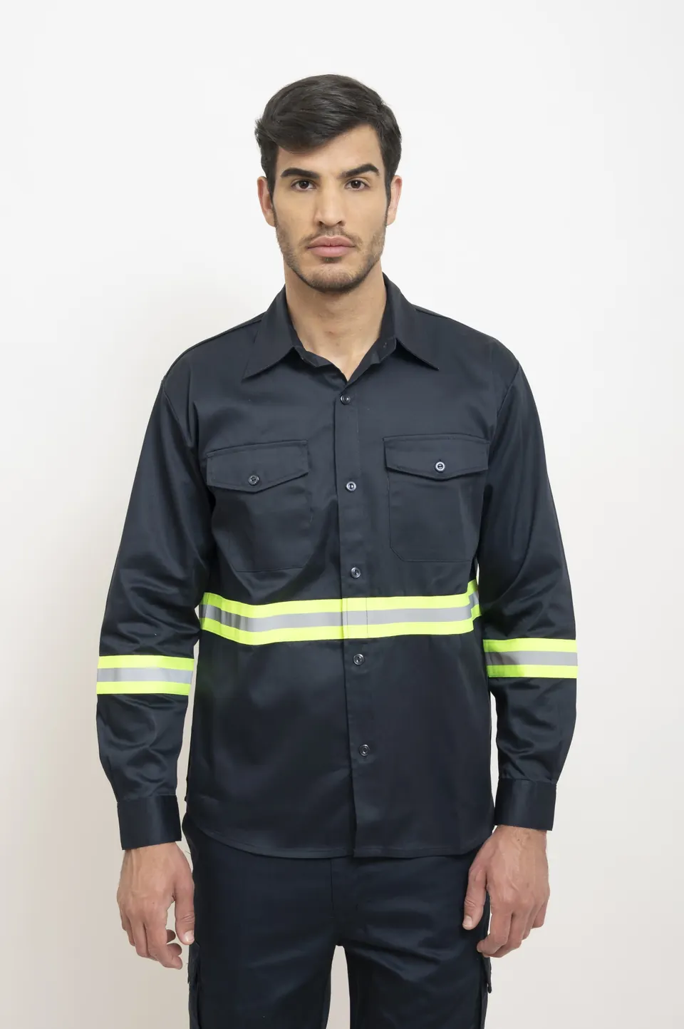 Camisa de trabajo azul marino con cinta reflectiva